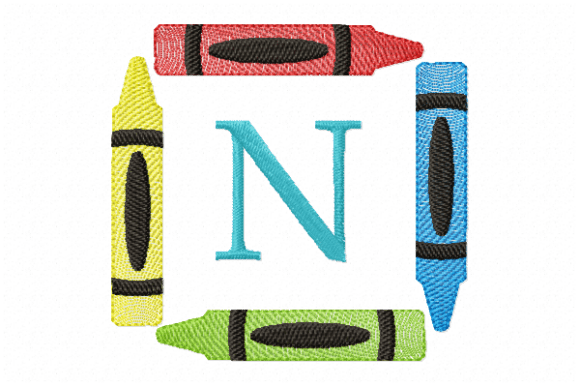 Crayons Frame Monogram Letter N for School-Themed Embroidery