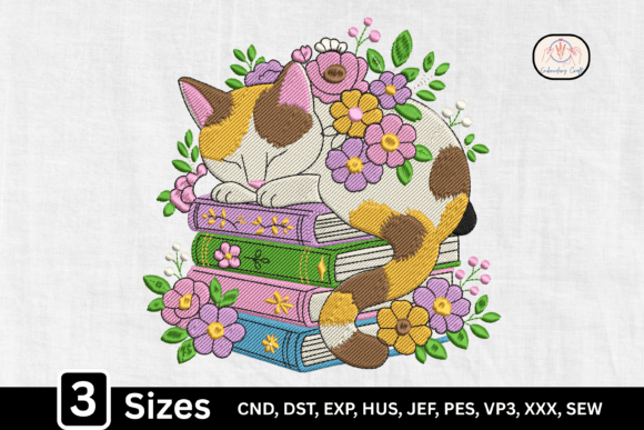 Floral Sleeping Cat Book Lover: A Cozy Seasonal Embroidery Design